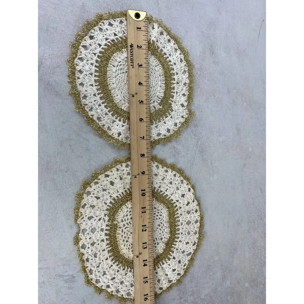 Vintage White & Gold Wire Handmade Round‎ Crochet Dining Table Doily - Lot of 2